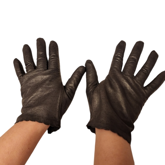 Vintage Van Raalte Dark Gray Leather Table Cut Gloves - Picture 1 of 8